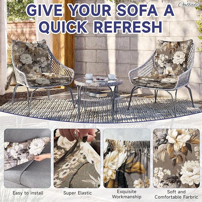 CALBODE 8 Pcs Stretch Outdoor Seat Cushion Covers, Washable Chair Seat Cover for Patio Furniture Cushions Soft Indoor and Outdoor Couch Cover Replacement (Brown Blooms, Cover Only)