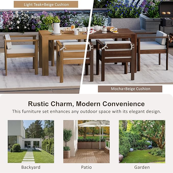 7-Piece Patio Dining Table Set for 6, Outdoor Furniture Sets with 71" Rectangle Table and Removable Cushions for Backyard, Garden, Poolside Deck (Beige+Mocha)