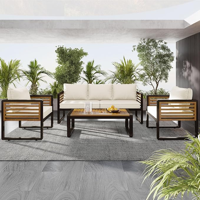 Merax 4-Piece Large Size Outdoor Conversation Sofa Set, Metal and Acacia Wood Frame Sofa with Removable Cushions, Waterproof & UV-Resistant, 5-Person Patio Furniture for Garden Backyard, Beige+Brown