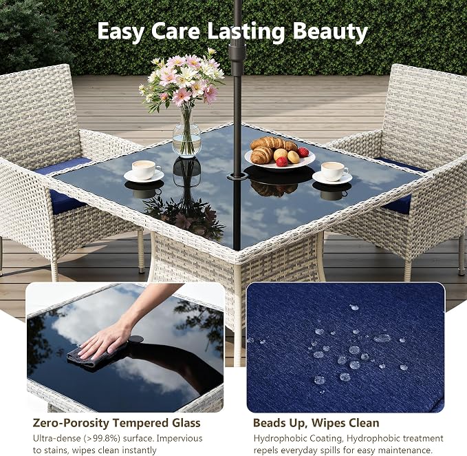 Outdoor Dining Set, 10-Piece Patio Furniture Set with Tempered Glass Table and 8 Cushioned Chairs, Dual-Strand Wicker Rattan, Balcony Furniture for Backyard, Garden, Deck,– Navy Blue
