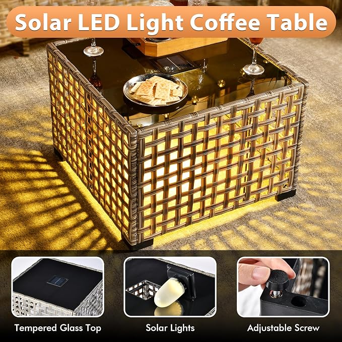 Outdoor Patio Furniture Sets, 4 PCS Patio Conversation Set Outside Rattan Sofa with Solar Light Coffee Table Comfy Cushions Fit Backyard Porch Garden Poolside Balcony,Black