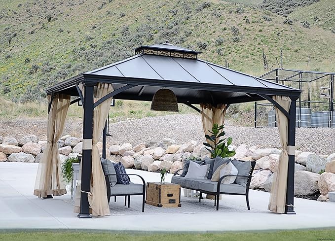 Sunjoy Hardtop Gazebo 11 x 13 ft. Outdoor Patio Black Anti-Rust Aluminum Frame, Double Tiered Gazebo with Ceiling Hook and Mesh Netting, Black
