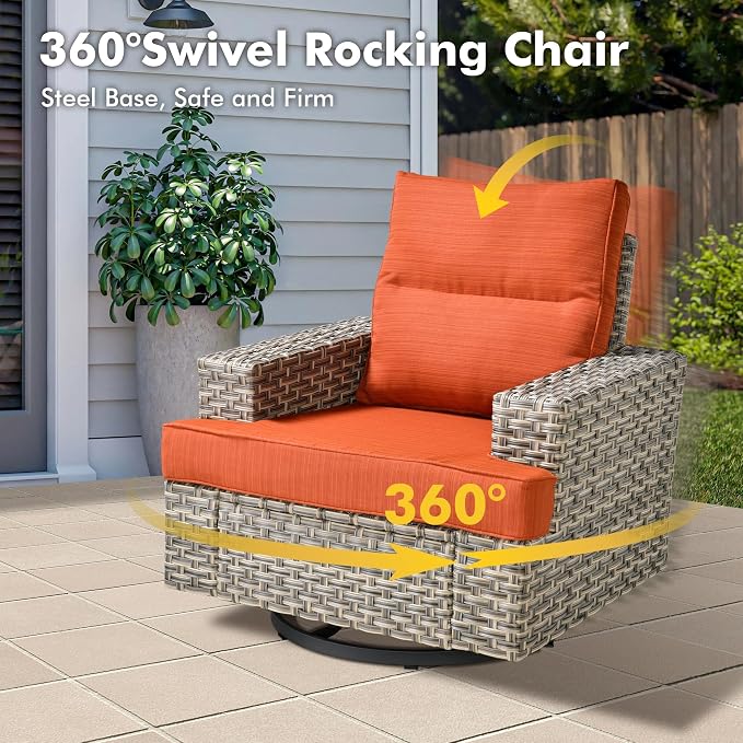 Weaxty 10 Pieces Outdoor Patio Furniture Set with Swivel Rocking Chair, Outdoor Sectional Sofa Couch Wicker Modular Patio Conversation Set w/42 Fire Pit and Coffee Side Table,Orange