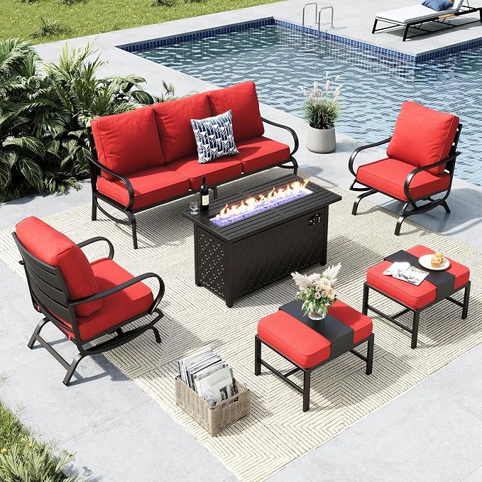 MFSTUDIO 6 Pieces Patio Furniture Sets with 45" Gas Fire Pit Table(Up to 7 Seat), Outdoor Metal Frame Patio Conversation Sofas with 1 x 3-Seat Sofa, 2 Rocking Chairs and 2 Ottoman, Burgundy Cushion