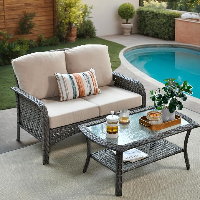 2 Pieces Wicker Patio Furniture Loveseat with Table - Outdoor Rattan Patio Bistro Set of 2,All-Weather PE Wicker Conversation Sofa High Back Deep Seating for Deck Porch Yard,Beige