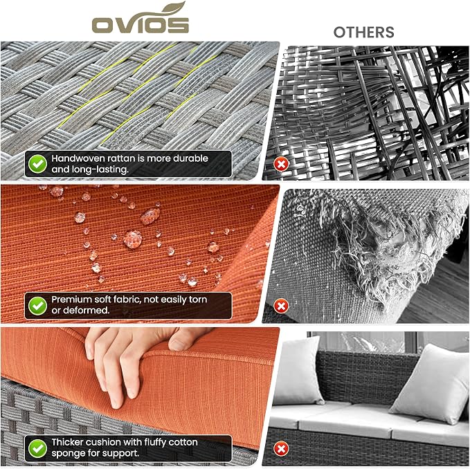 ovios 13 Pieces Patio Furniture Set, Outdoor Wicker Sectional Sofa with 54 Inch Fire Pit Table Comfy Cushions, Modern Modular Deep Seat Rattan Couch Conversation Set, Orange Red