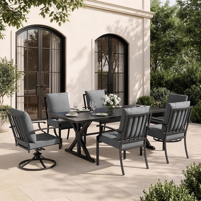 7 Piece Outdoor Dining Set for 6, Metal Patio Table and Chairs with Cushions, Patio Furniture Set with 2 Swivel Chairs, Rectangular Metal Dining Table with Umbrella Hole, Lawn Deck Yard-Grey
