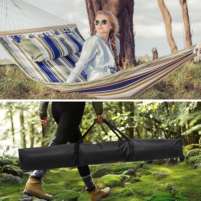 SUNCREAT Double Quilted Hammocks for Outside with 12ft Stand, Heavy Duty Hammock Storage Bag