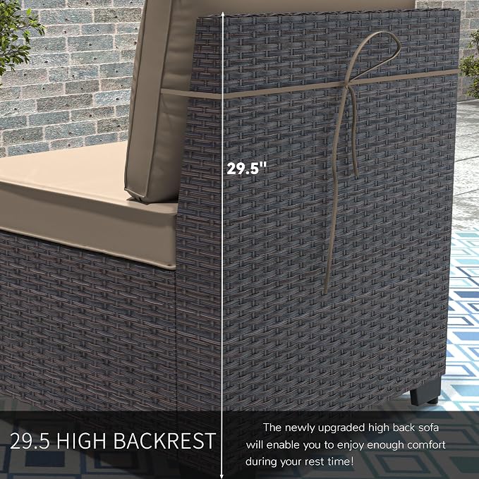 Patio Furniture Set 7 Pieces Outdoor Furniture Patio Conversation Set w/43in Aluminum Gas Fire Pit,PE Rattan Wicker 7 Pcs Outdoor Sofa Set w/55000 BTU Propane Fire Pit Table,Sand