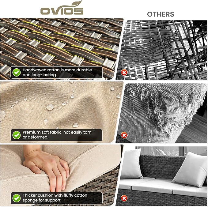 ovios 5-Pieces Patio Furniture Set, Outdoor Wicker Sofa Couch with Chairs Ottomans Comfy Cushions, High Back Modern All Weather Conversation Set, Brown Rattan, Beige