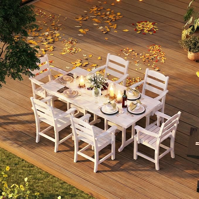 HOPUBUY 7 Pieces Patio Dining Set for 6, 71" HDPE All-Weather Patio Table and Chairs Set with Umbrella Hole, Durable Outdoor Furniture Set for Garden, Backyard, Lawn & Poolside (White)