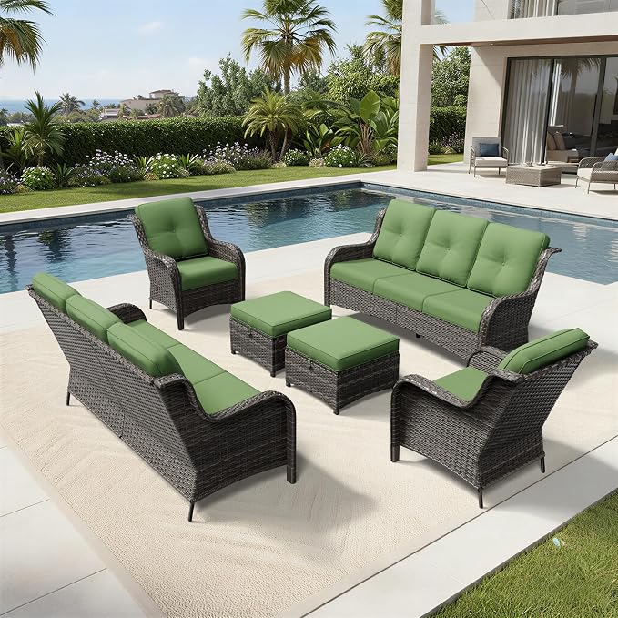 Joyside 6 Piece Wicker Patio Furniture Set, Rattan Patio Chairs with High Back, Deep Seating, Wide Armrest, Thickened Cushions, Outdoor Furniture for Deck, Porch Use