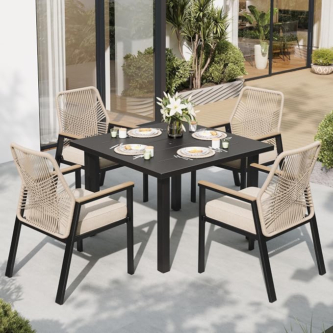 Patio Dining Set 5 Piece, 4 x Woven Rattan Chairs with Waterproof Cushion, 34.2" Square Metal Dining Table with Umbrella Hole, Outdoor Table and Chairs Set for Backyard Lawn and Deck, Beige