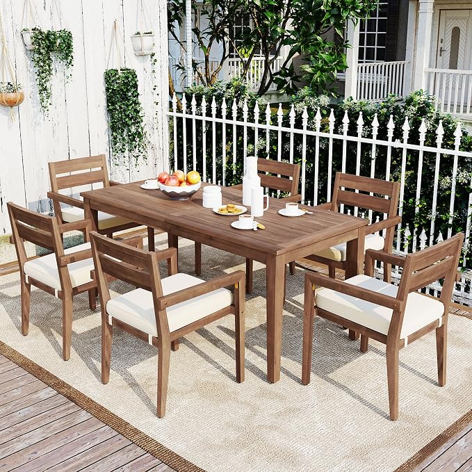 7 Piece Patio Dining Table Set with Removable Cushion, Outdoor Acacia Wood Furniture Set for Garden, Backyard, Lawn, Poolside (A-Burly Wood)