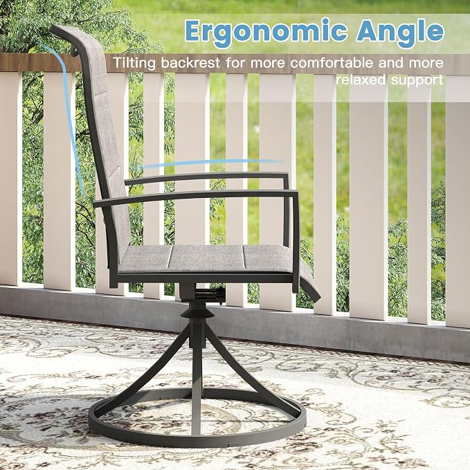 DIFY 5 Pieces Outdoor Patio Dining Set, 4 Grey Padded Textilene Swivel Dining Chairs and 40.6" Grey Wood-Like Round Metal Dining Table, Outdoor Table and Chairs for Poolside Backyard Deck