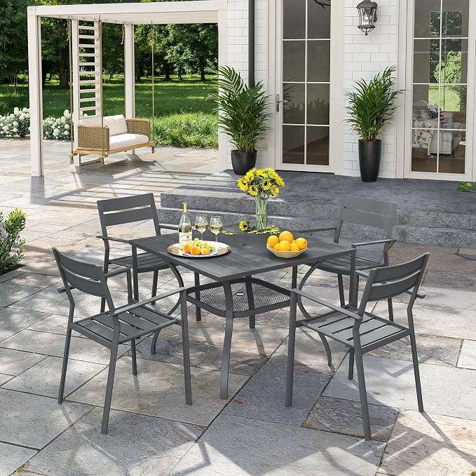 VICLLAX Patio 5 Pieces Outdoor Dining Set for 4, Wrought Iron Metal Outdoor Table and Chairs Set, 38" Square Table with Umbrella Hole and 4 Stackable Chairs for Lawn, Garden, Porch, Dark Grey/Grey