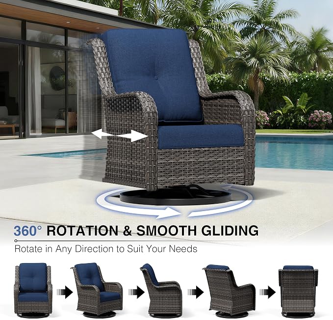 Joyside 7 Piece Wicker Patio Furniture Set, Outdoor Swivel Rocker Patio Chairs with High Back, Deep Seating, Wide Armrest, Thickened Cushions, Outdoor Furniture for Deck, Porch Use