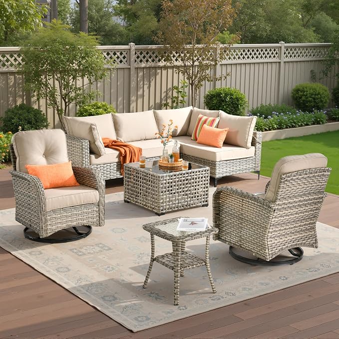 8 Pieces Patio Sectional Furniture Set, Outdoor Wicker Sectional Couch with High Back Swivel Rocker Chairs Solar Lights Table, Modern Conversation Set for Porch Balcony Backyard, Beige