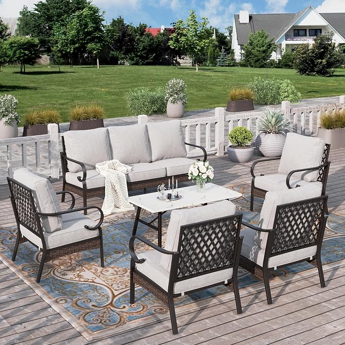 HERA'S HOUSE 6 Piece Metal Patio Furniture Set, All Weather Outdoor Conversation Set with 3-Seat Sofa, 4 Fixed Chairs & Coffee Table, 7 Seats for Backyard, Garden, Deck, Light Grey