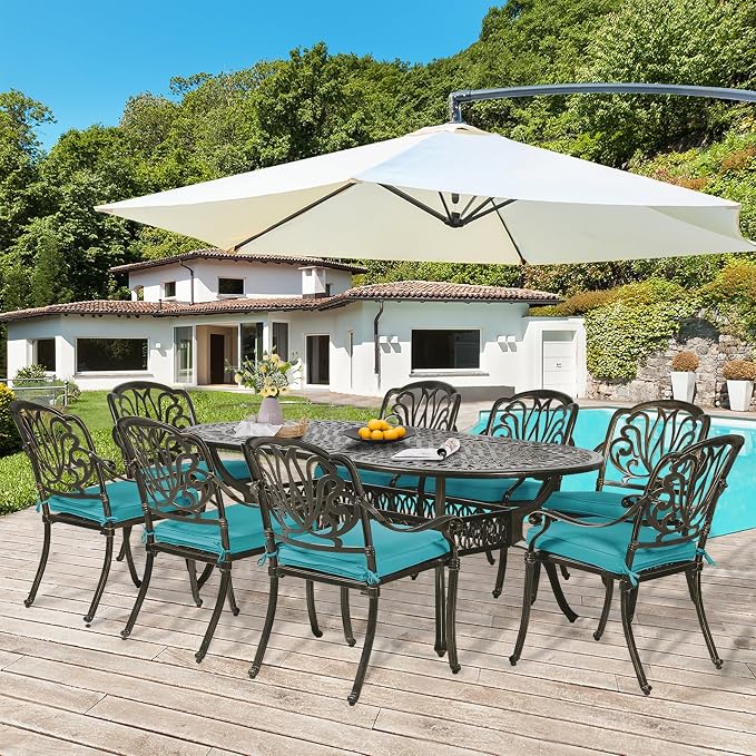 9-Piece Patio Dining Set, Outdoor Patio Table and Chair Set of 84” Oval Cast Aluminum Dining Table with Umbrella Hole and 8 Outdoor Dining Cushion Chairs, Patio Funiture Set for Garden, Blue