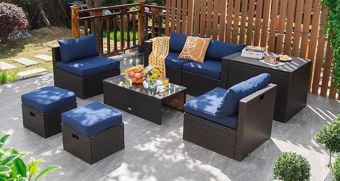 COSTWAY 8-Piece Outdoor Patio Furniture Set, Rattan Sectional Sofa, Armless Chairs, Side Table with Storage Ottoman & Glass Coffee Table, Space-Saving Conversation Set for Garden Deck (Navy)