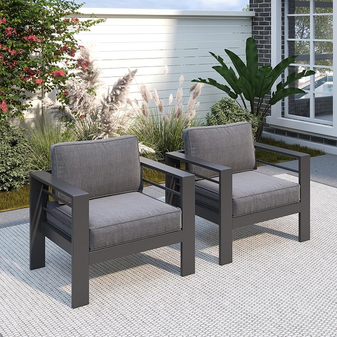 Solaste Patio Furniture Metal Armchair,2 PCS All-Weather Aluminum Garden Outdoor Contemporary Sofa Chair with Cushions, Grey