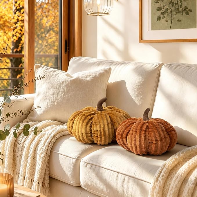 AELS Pumpkin Throw Pillows Set of 2, 14" Burnt Orange & Cinnamon Pillows | for Couch Sofa Bed Living Room Home Decor, Farmhouse 3D Fall Halloween Thanksgiving Decorative Accent Pillows