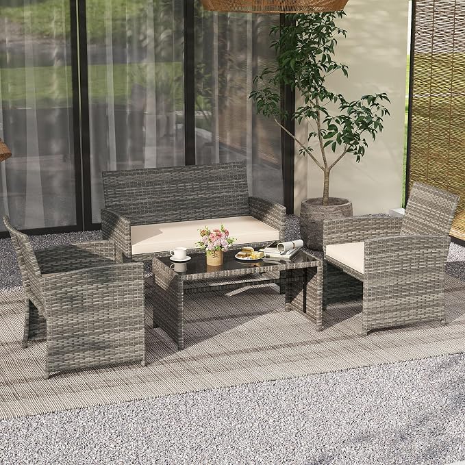 Tangkula 4 Piece Patio Wicker Furniture Set, Outdoor Heavy Duty Rattan Cushioned Chairs, Loveseat and Tempered Glass Coffee Table, for Backyard, Balcony, Poolside
