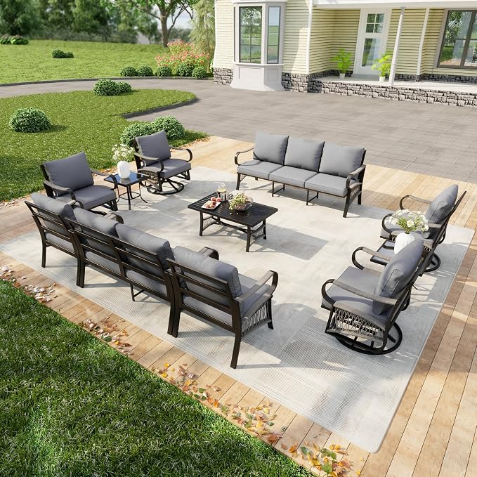 11-Piece Patio Conversation Sets, All Weather Metal Outdoor Furniture Set Includes 3-Seater 4 Swivel Rockers with 2 Side Tables 1 Loveseat with Coffee Table 2 Single Chairs for Backyard Porch, Gray