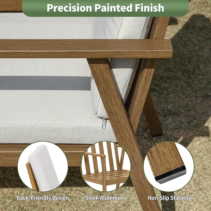 Outdoor Patio Dining Chairs Set of 2, Never-Rust Aluminum Garden Chairs with Thickened Washable Cushions, All Weather Patio Armchairs with Wider Seat for Backyard, Lawn, Poolside, Porch, Teak