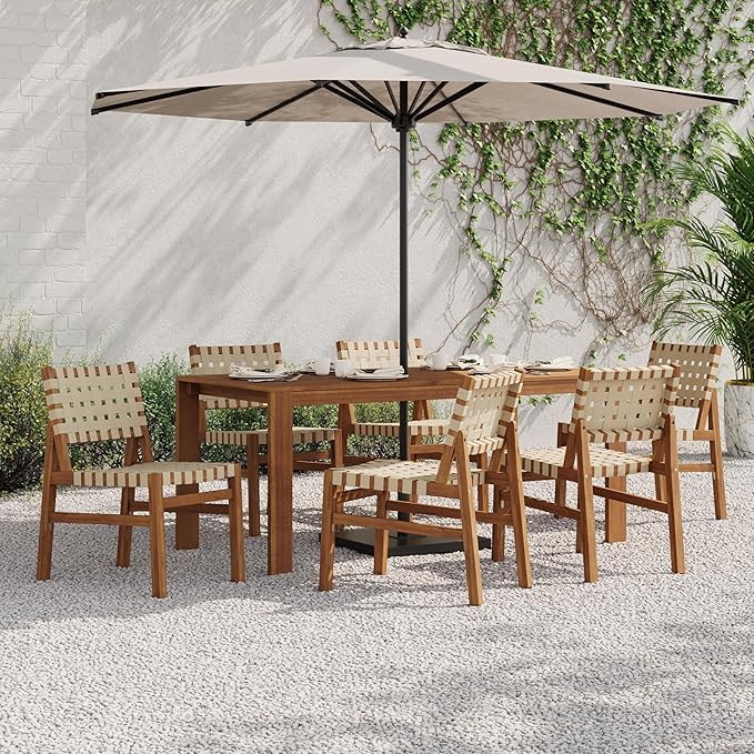 Christopher Knight Home Balew Acacia Wood Patio Dining Set for 6, Solid Wood Outdoor Dining Table Set for 6, 7 Piece Outdoor Dining Set with Rectangular Table and Woven Rope Accents, Teak+Beige