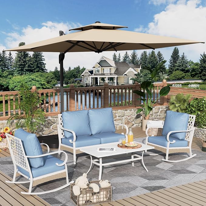 MIXPATIO 4 Piece Patio Furniture Set, 2 x Rocking Chair, 1 x 2-Seat Sofa with Marbling Coffee Table, All Cushioned 4 Seats Outdoor Conversation Set for Lawn Garden Backyard, Blue