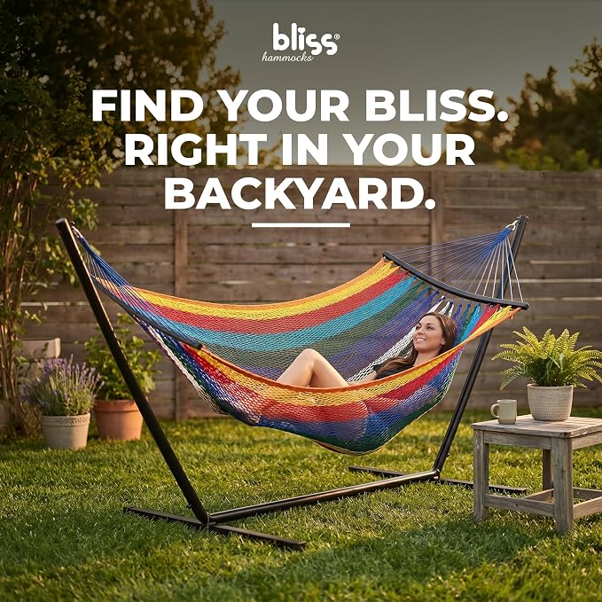Bliss Hammocks 2-Person Hammock, Weekender 80" x 55" Double Seater Hammock w/Woven Polyester Rope & Wood Spreader Bar - 450 Pound Capacity, Multicolor