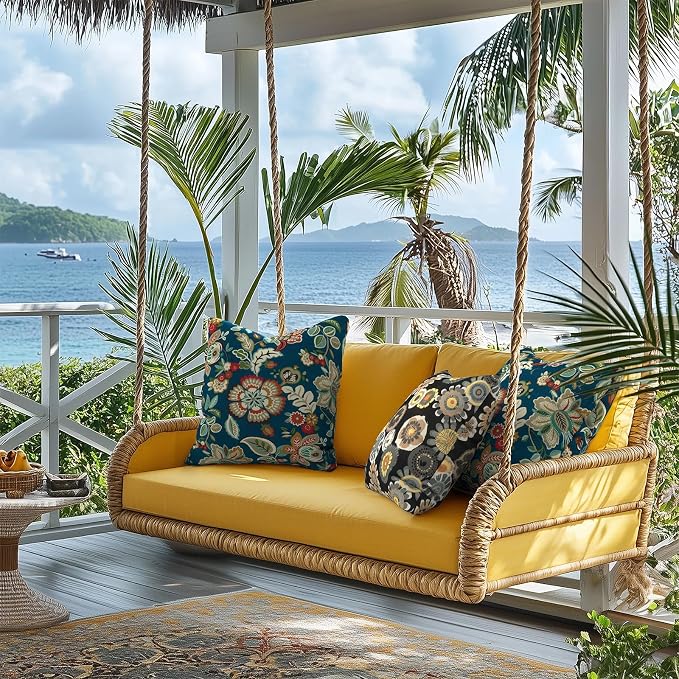 Outdoor Pillows for Patio Furniture 16x16 inch, Square Outdoor Throw Pillows with Inserts, Decorative Patio Pillows for Garden Couch Home Sofa Office Chair, Pack of 2,Black Yellow Crosby