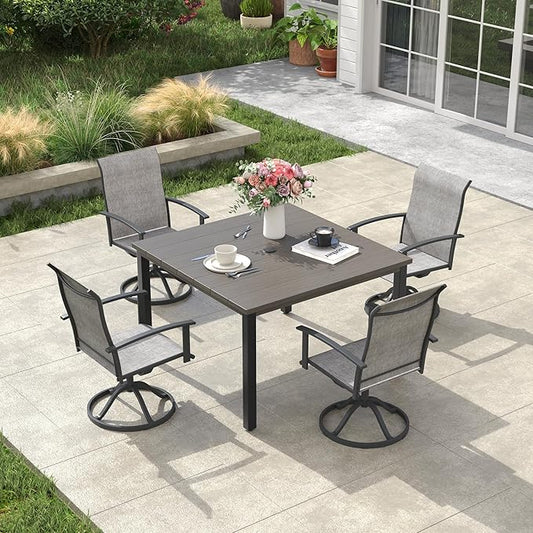 VICLLAX 5 Pieces Patio Dining Set, Patio Furniture Set of Metal Outdoor Table with Umbrella Hole and 4 Swivel Patio Chairs for Backyard Lawn, Grey & Antique Grey
