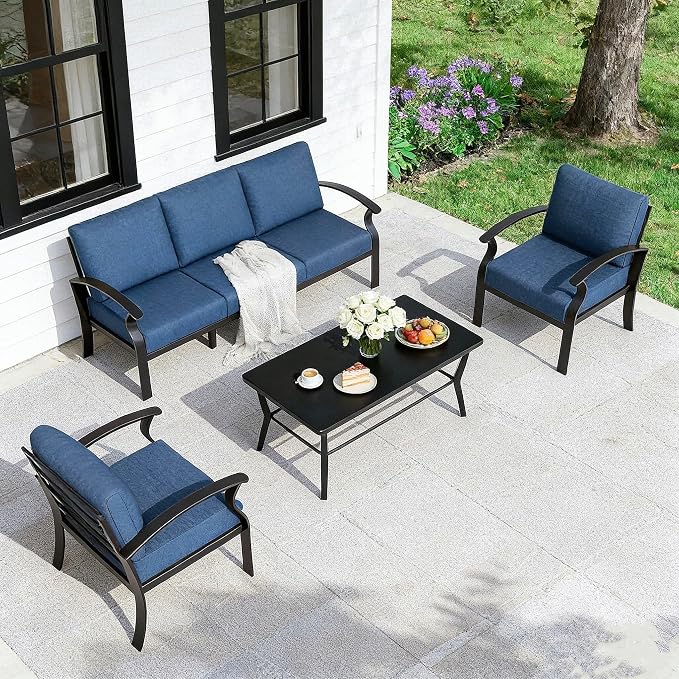Gotland Aluminum Patio Furniture Set with Rectangular Coffee Table, Metal Patio Furniture with 5 Seats Waterproof 5.1'' Seat Cushions, Outdoor Sectional Patio Conversation Sets for Balcony Navy