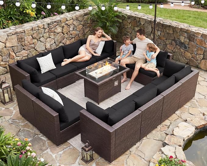 BULEXYARD 13 Piece High Back Wicker Patio Furniture Sets with Fire Pit, Elegant Oversized Outdoor Seating Set Modular, Comfy Extra Deep Wide 12-Person Sectional Couch Sofa for Backyard, Brown & Black