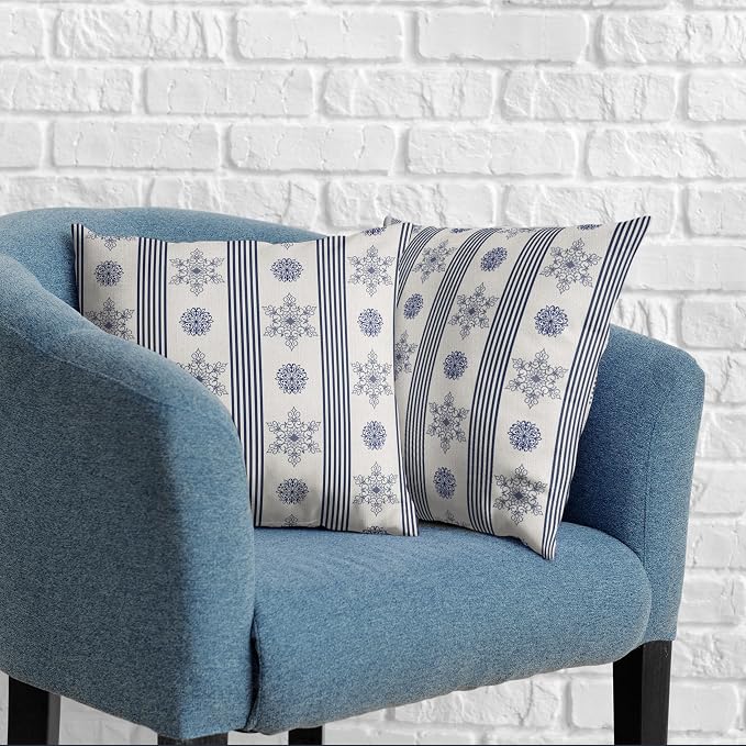 Winter Pillow Covers Blue and White Porcelain Blue Snowflakes Striped Throw Pillow Covers Navy Blue Floral Pillowcase 22x22 Set of 2 Neutral Cushion Case for Couch Sofa