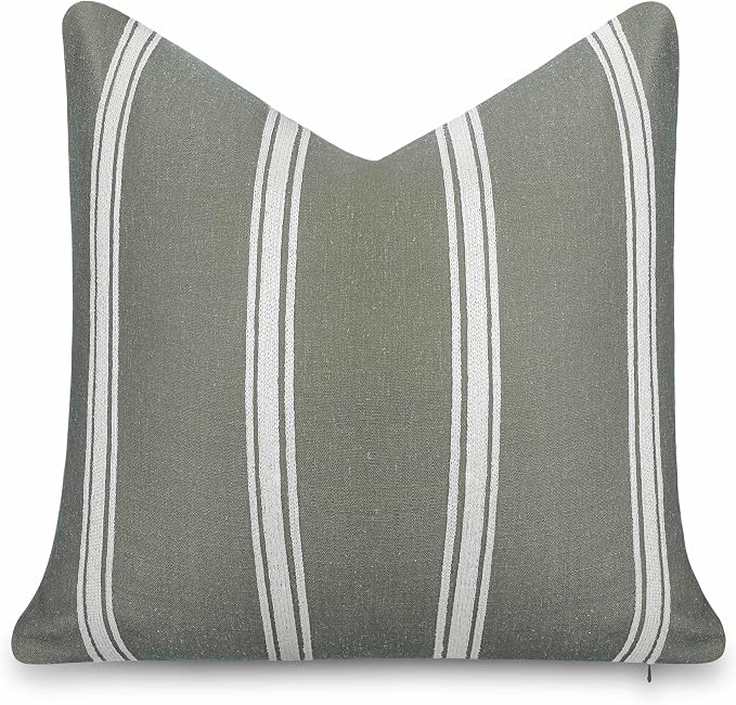Modern Farmhouse California Casual Indoor Outdoor Throw Pillow Cover, 20"x20" Water Repellent for Patio, Backyard, Couch, Poolside, Oliver Green White Embroidered Stripes