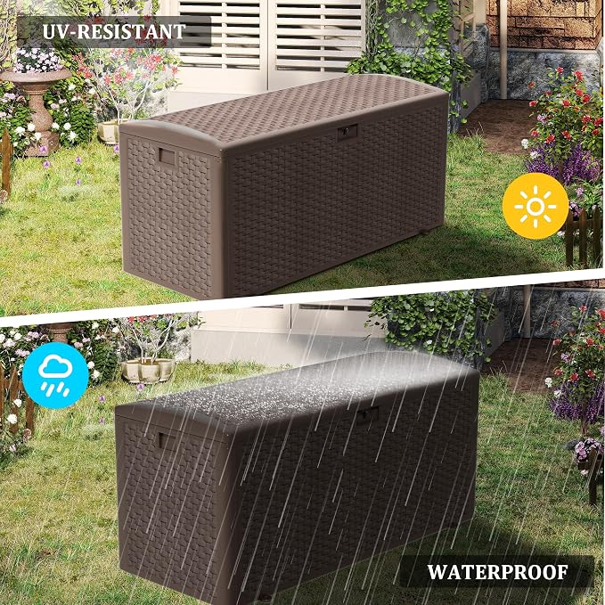 Outdoor Storage Box Waterproof, 180 Gallon Pro Lockable Resin Deck Box Large, Patio Storage Bin for Pool Accessories Cushion Furniture, Garden Tools, UV-Resistant Outside Delivery Brown