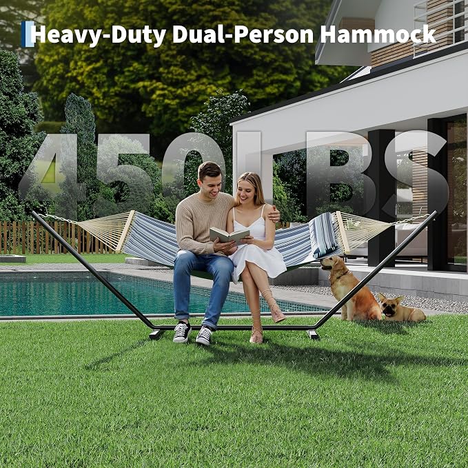Freestanding Hammock with Heavy Duty Steel Stand, 450 LBS Weight Capacity Double Quilted Hammock Bed with Head Pillow & Side Storage Pocket, Blue for Patio Garden Backyard Beach