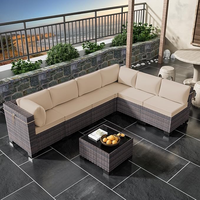 7 Pieces Outdoor Patio Furniture Set,Outdoor Sectional Furniture All Weather PE Rattan Wicker Patio Conversation Set with Coffee Table and 6 Thickened Cushions,Sand