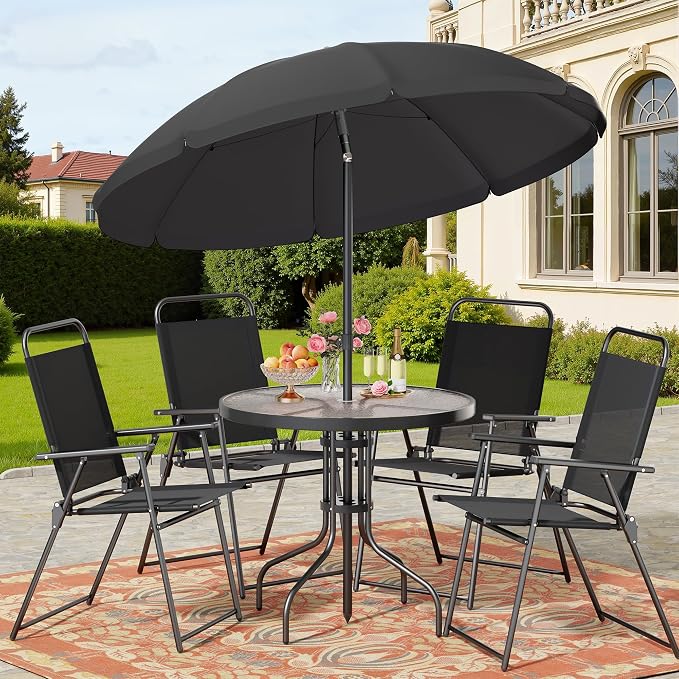 Shintenchi 6 Piece Patio Dining Set with Umbrella, Outdoor Furniture Set with 4 Folding Chairs and Tempered Glass Top Dining Table fot Lawn Backyard Garden Porch Black