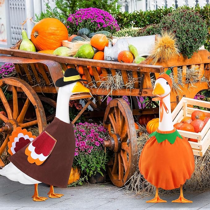 2 Set Thanksgiving Day Goose Outfit Lawn Porch Cloths Plastic Goose Clothing Fall Halloween Outfit for 23" Outdoor Patio Yard Lawn Art Decoration