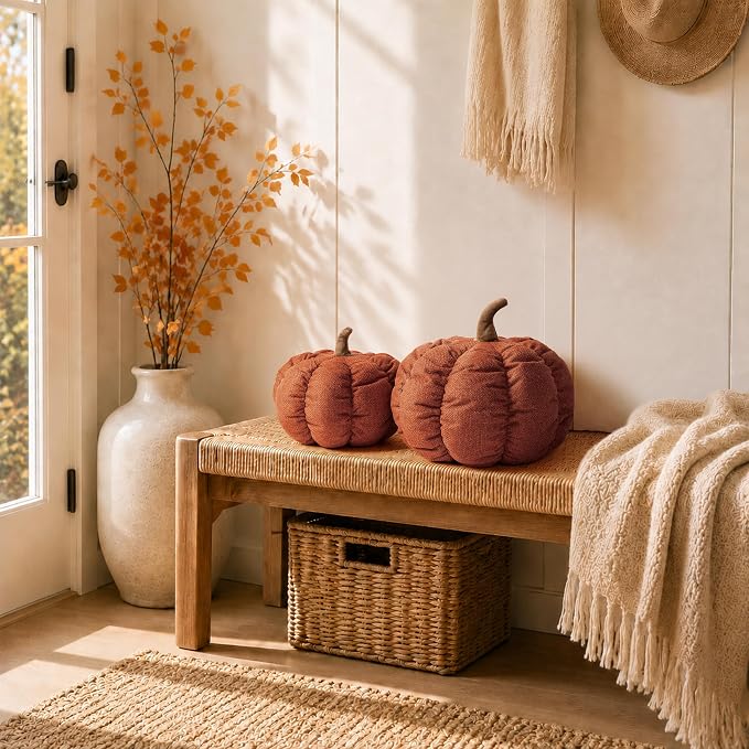 AELS Pumpkin Throw Pillows Set of 2, 14" & 10" Cinnamon Fall Pillows | for Couch Sofa Bed Living Room Home Decor, Farmhouse Textured 3D Fall Halloween Thanksgiving Decorative Accent Pillows