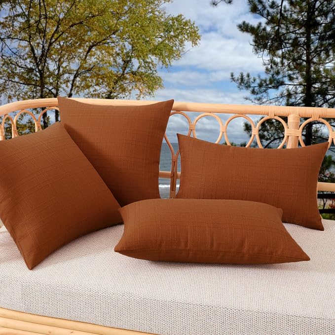 Kevin Textile Outdoor Waterproof 26”x26” Pillow Covers 2 Pack, Burnt Orange | Water Resistant, Soft Faux Linen-cotton Yarn-dyed Woven Texture Throw Pillow Covers for Tent Patio Garden Couch Sofa