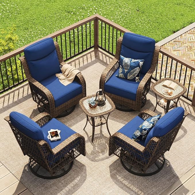 PIZZELLO Outdoor Swivel Chairs 6 Piece Wicker Rocking Chairs Set Patio Furniture Set with Rattan Side Table Rocker Bistro Sets for Outside Porch Backyard (5" Thick Cushions and 25" Full Support Back)