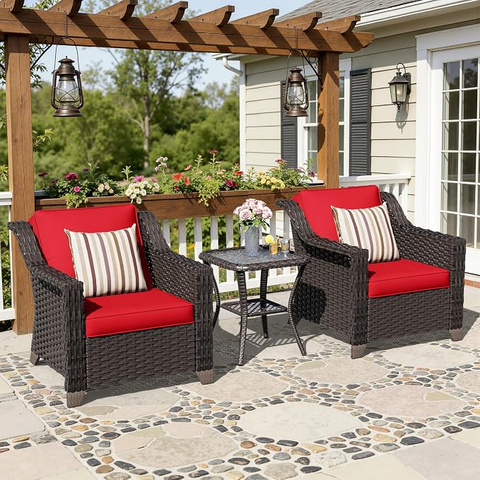 3 Pieces Patio Conversation Furniture Set - 2 Armchairs, 1 Side Table, Outdoor Wicker Furniture with Removable Cushions for Porch, Balcony, Deck, Sunroom (Red)