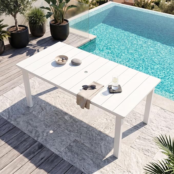 ROCSUMOO Outdoor Dining Table, 70" HDPE Dining Table with Umbrella Hole for 6-8 (White)