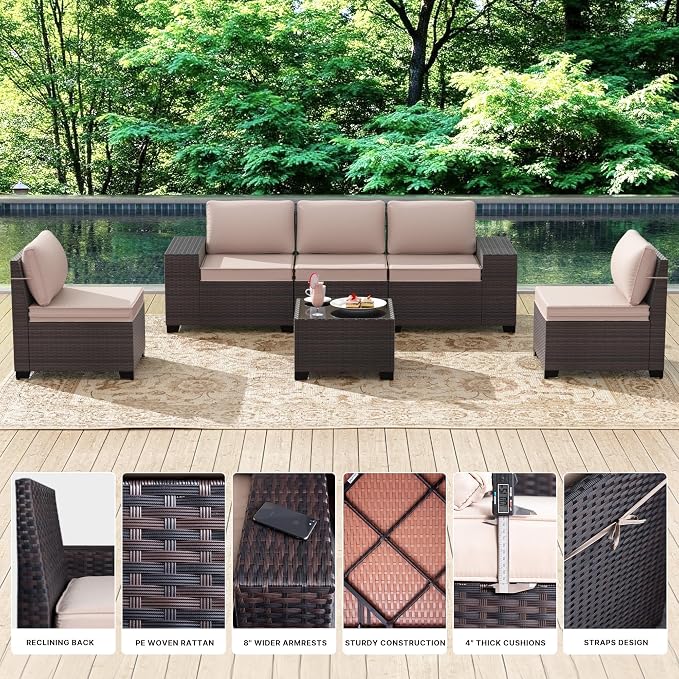 Gotland 7 Pieces Patio Furniture Set with 55000BTU Fire Pit Table, Wicker Patio Set with Wide Armrests 29.5'' High Backrest Thick Cushions 1 Coffee Table, Outdoor Furniture for Porch Deck Khaki